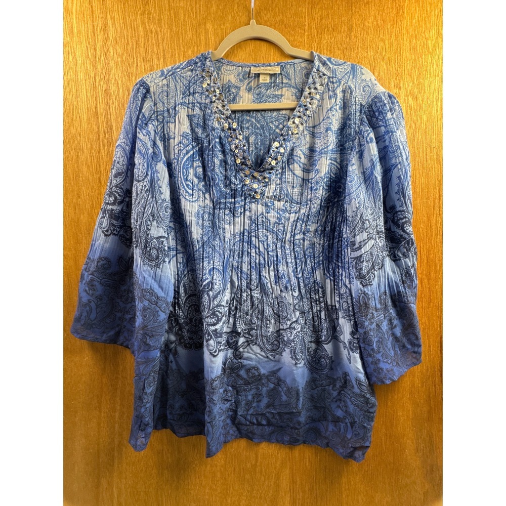DressBarn Blouse Top Womens Size S Blue Ombre Paisley Sequin 3/4 Sleeve Pleated - Picture 1 of 8